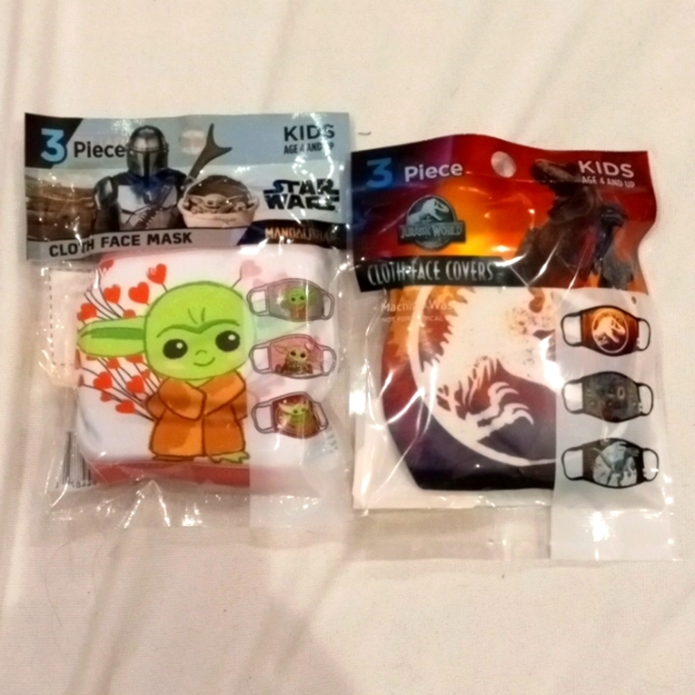 6ct Child Cloth Face Masks Age 4+ Jurassic World Dinos/Grogu Star Wars nib